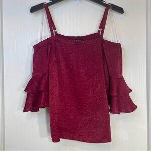A. Byer Women's Off The Shoulder Double Ruffle Sleeve Satin Top, Red, M